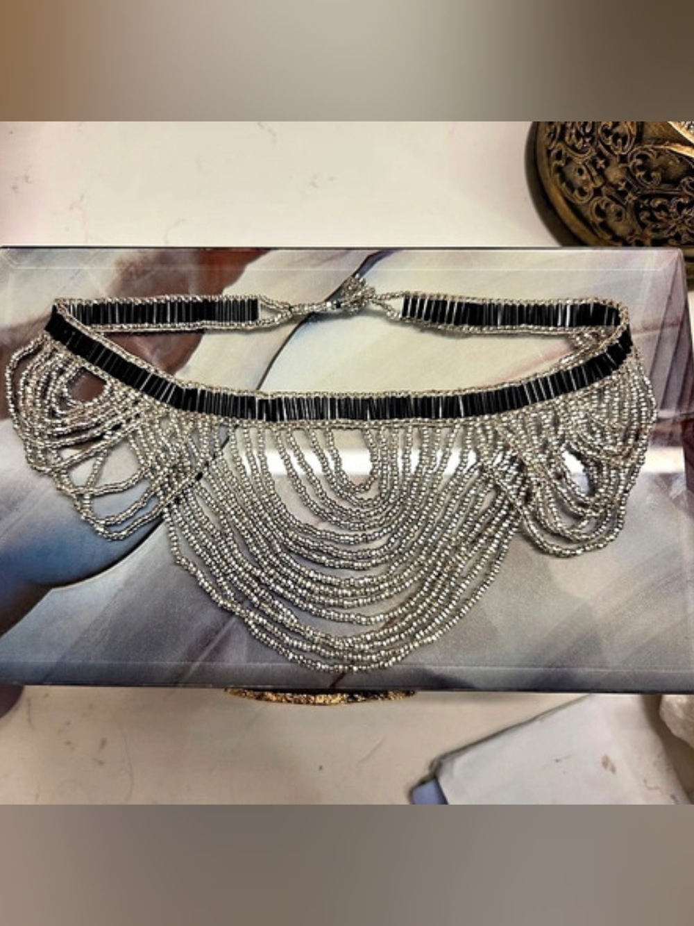 Layered Statement Necklace in Silver & Black Like New *#HolidayReady